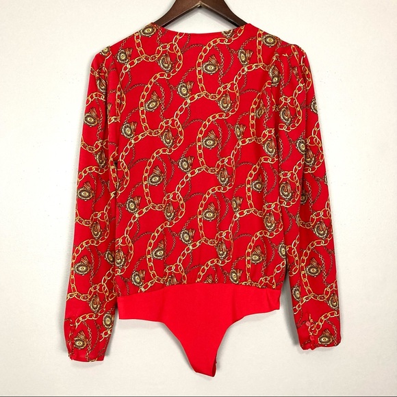 ASTR Chain Reaction Bodysuit Women’s Size M Surplice Wrap Front Long Sleeves - Picture 7 of 12